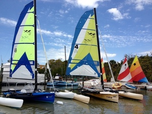 WindRiders and Sunfish sailboats rigged and ready to sail